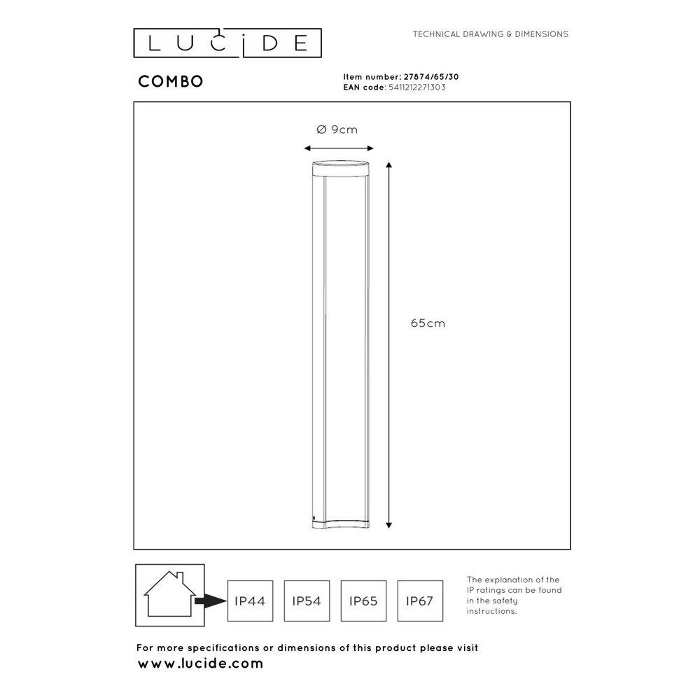 Design padverlichting Combo 65cm zwart Lucide 5411212271303