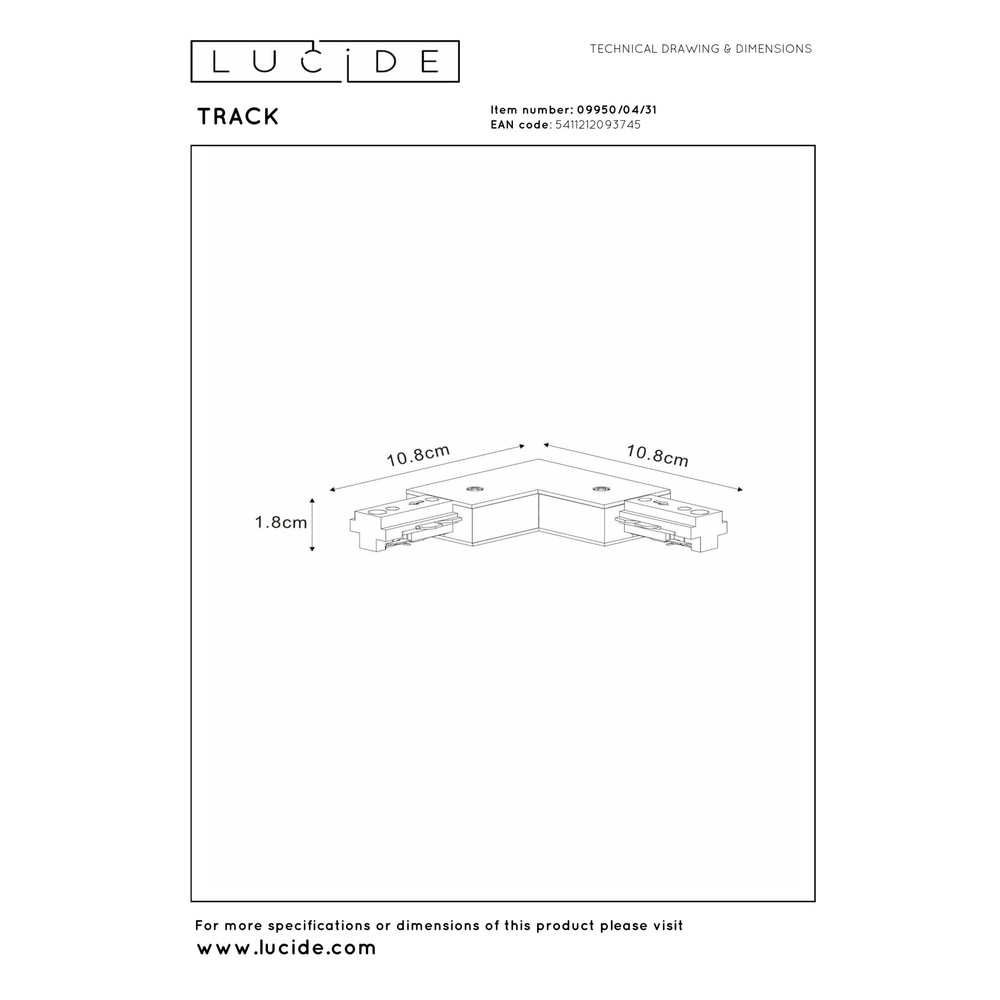 Rail L-connector Track 1-fase rechts wit Lucide 5411212093745