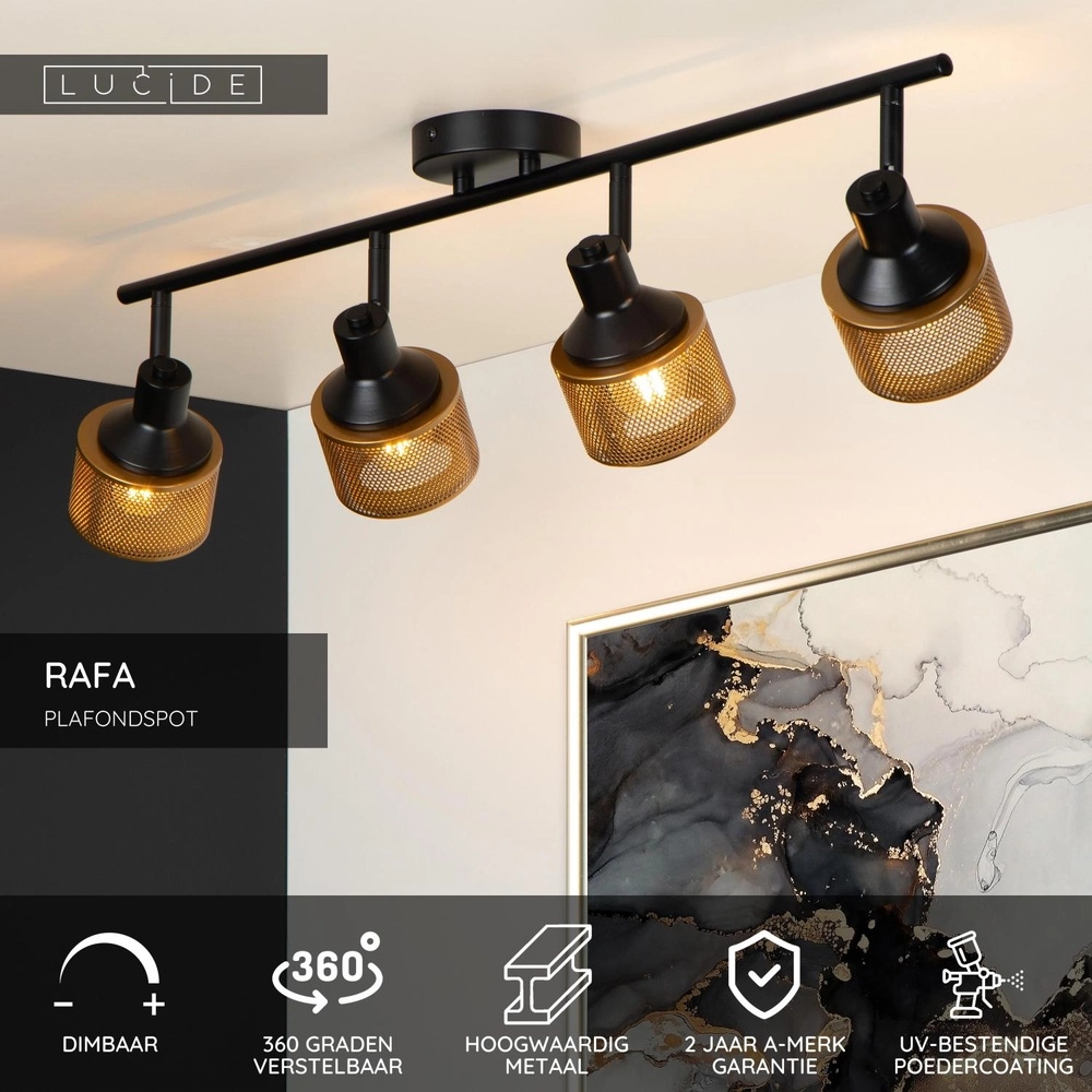 Plafondlamp Rafa 4-lichts zwart met koper Lucide 5411212771308