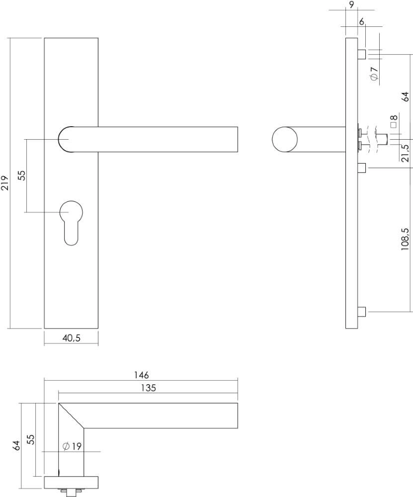 Deurklink Hoek 90 rechthoekig PC 55mm RVS Intersteel 8714186186978