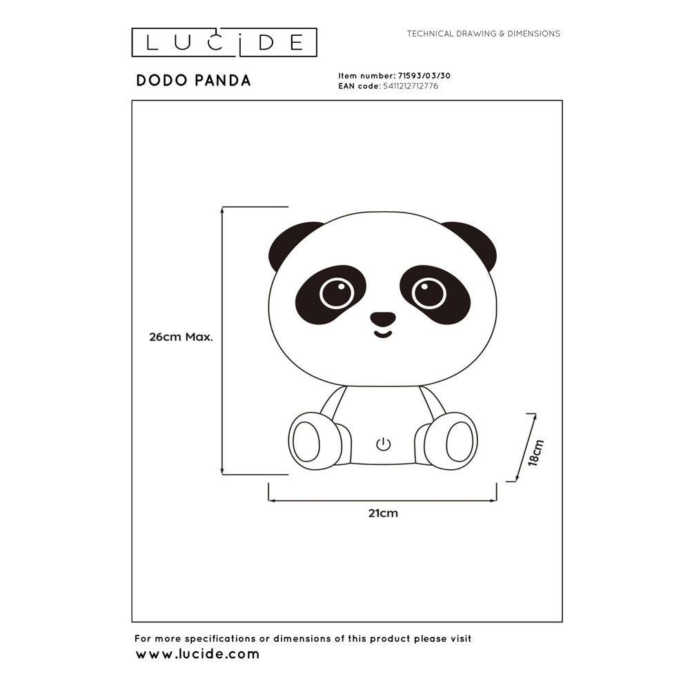 Nachtlampje Dodo Panda kinderkamer zwart Lucide 5411212712776