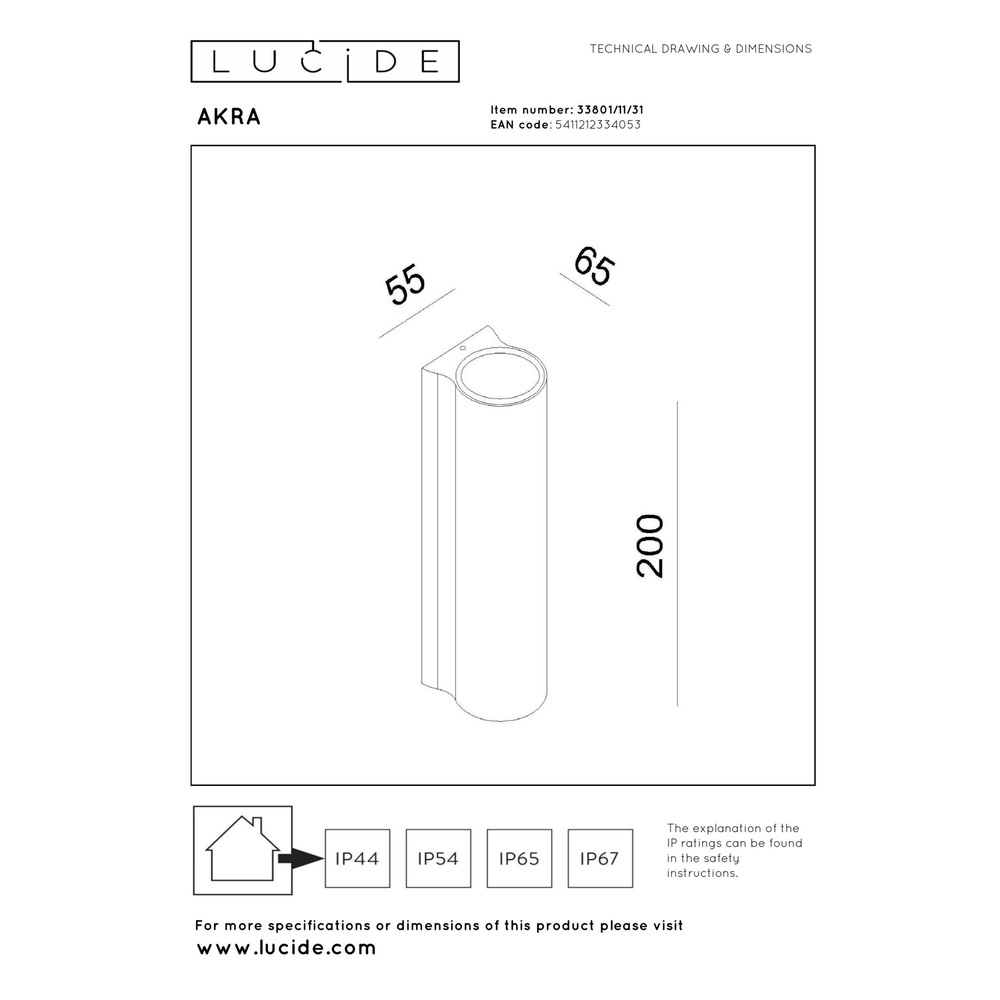 Design wandlamp Akra up en down wit IP54 Lucide 5411212334053