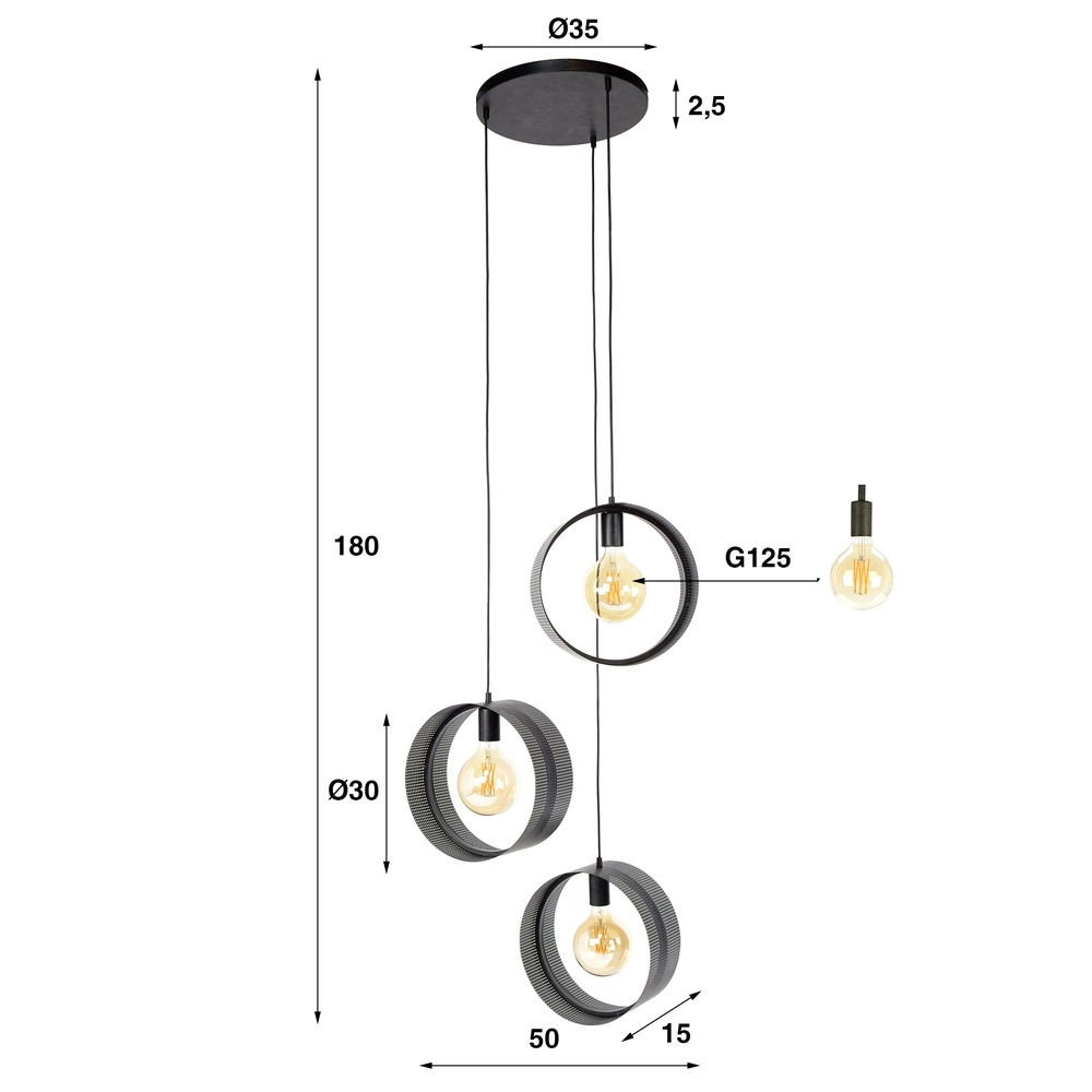 Landelijke hanglamp Ring charcoal - 3x E27 Lyora 8716803510975