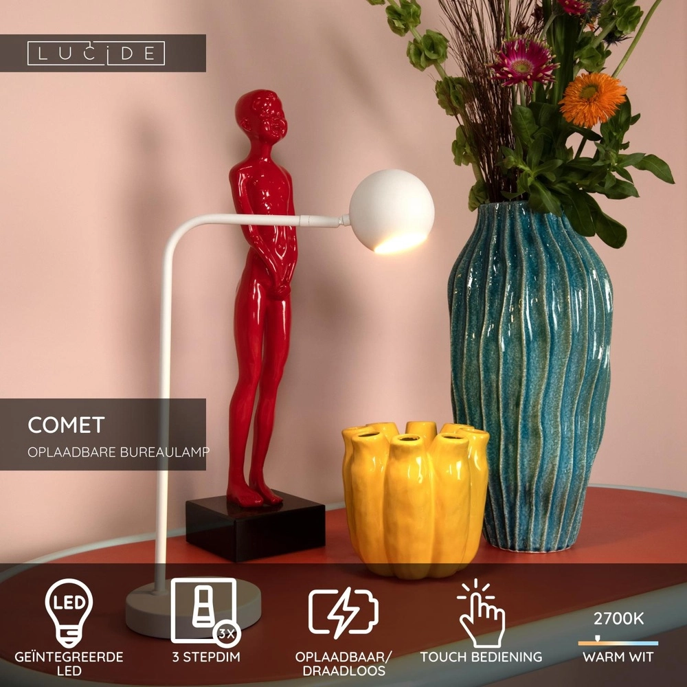 Oplaadbare bureaulamp Comet wit Lucide 5411212361295