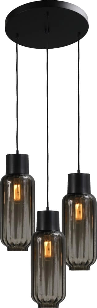 Zwarte design hanglamp Lett ll 3-lichts smoke glas Zwarte design hanglamp Lett ll 3-lichts smoke glas