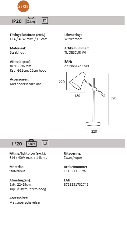 Strakke bureaulamp Obscur wit met chroom Artdelight 8719831732739