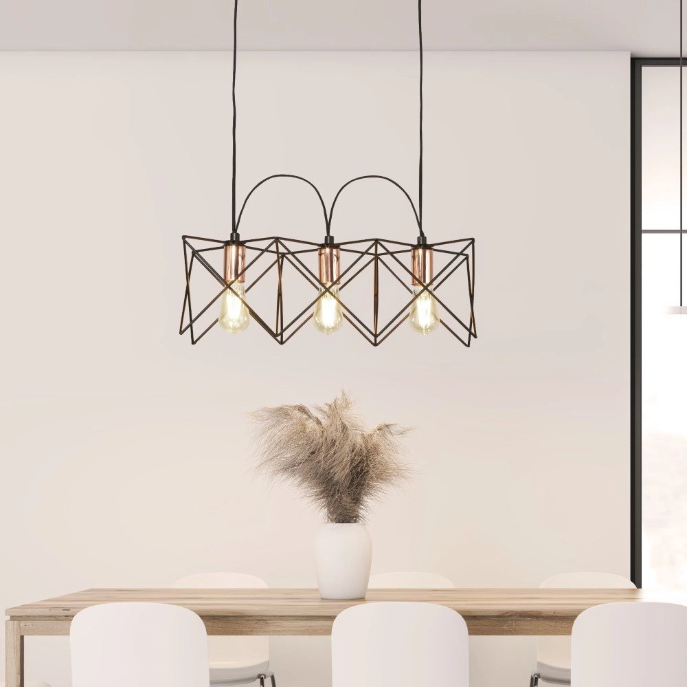 Eetkamer hanglamp Anthea 3-lichts zwart met roodkoper Searchlight 5053423155081