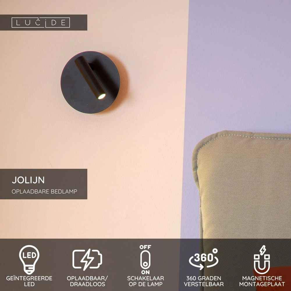 Magnetisch wandlampje Jolijn oplaadbaar zwart bedlampje Lucide 5411212771353
