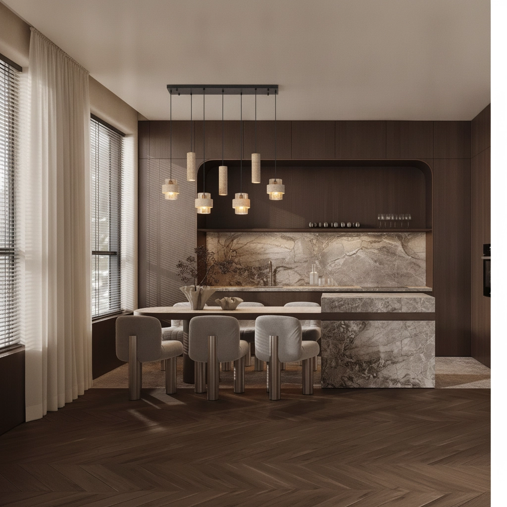 7-lichts hanglamp Melony modern zand bruin