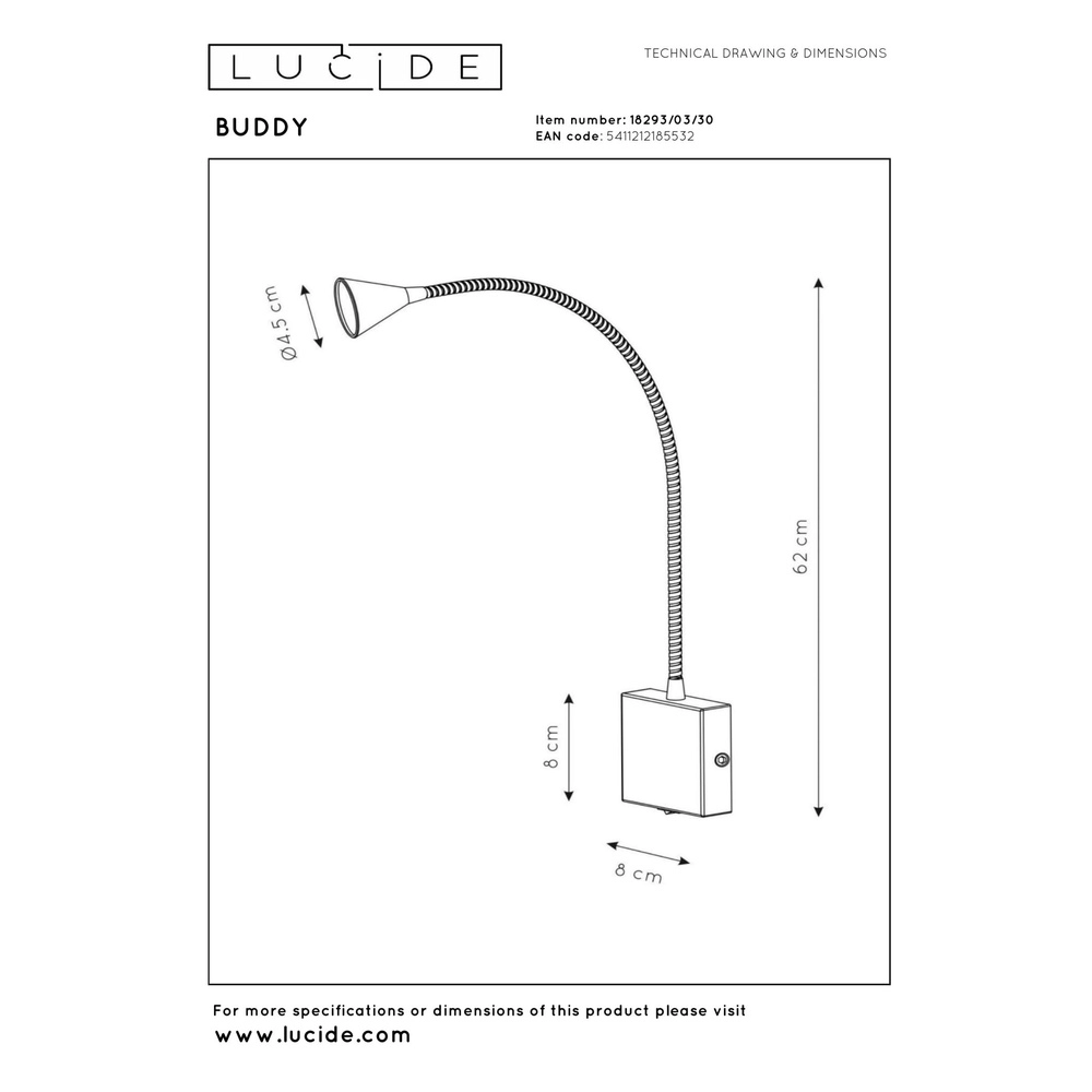Bed leeslampje Buddy 4000K zwart Lucide 5411212185532