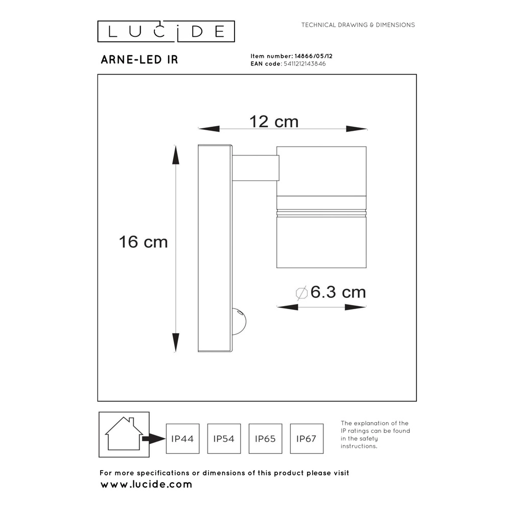Wandspot Arne-Led Ir down chroom met sensor Lucide 5411212143846