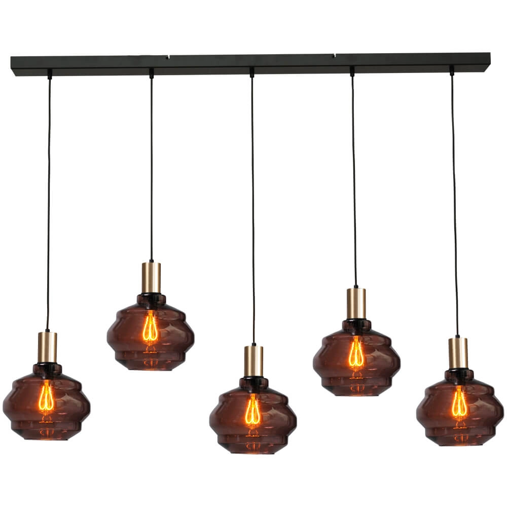 5-lichts hanglamp - goud - Porto met Ball red glazen - Ø 24cm