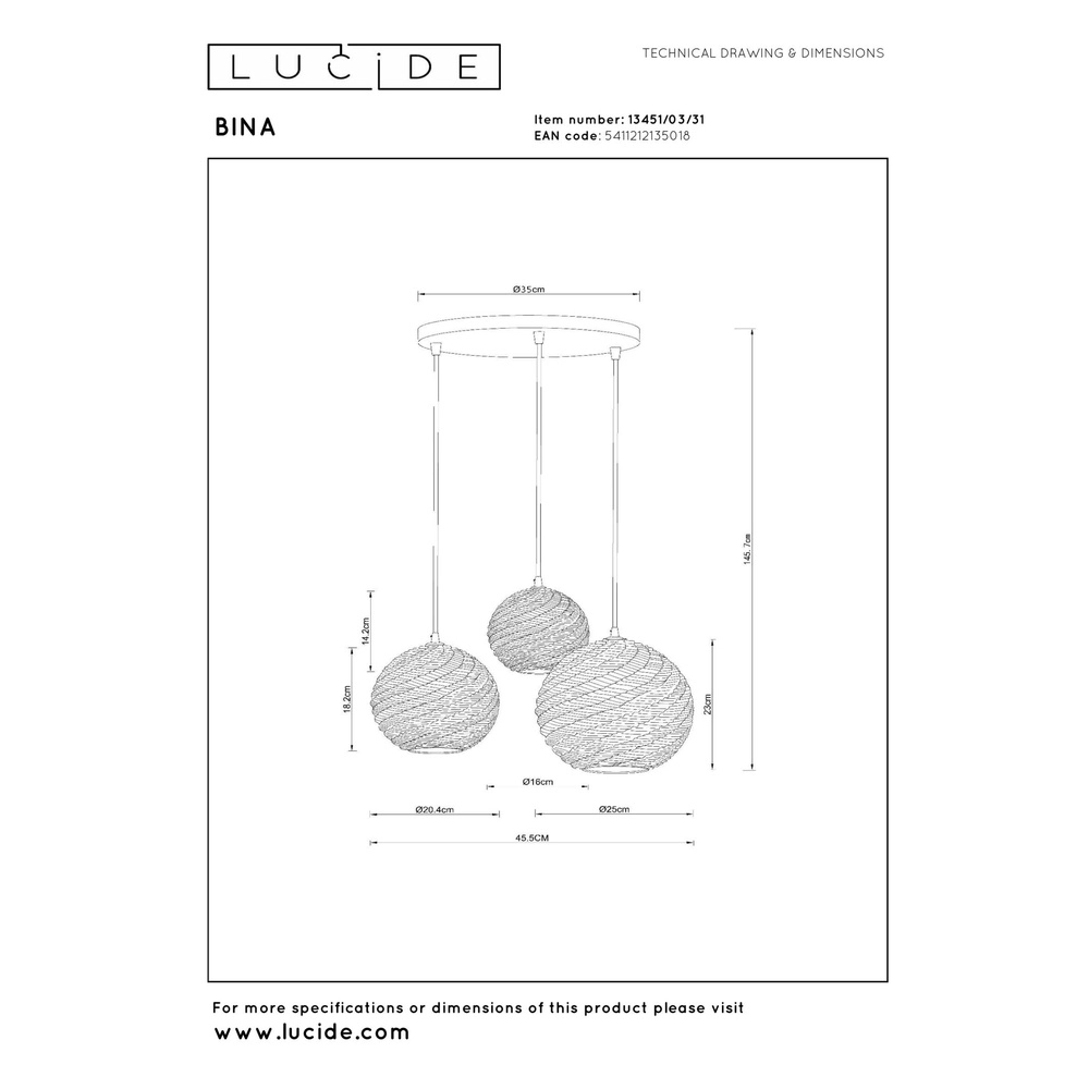 Design hanglamp Bina 3-lichts rond wit Lucide 5411212135018