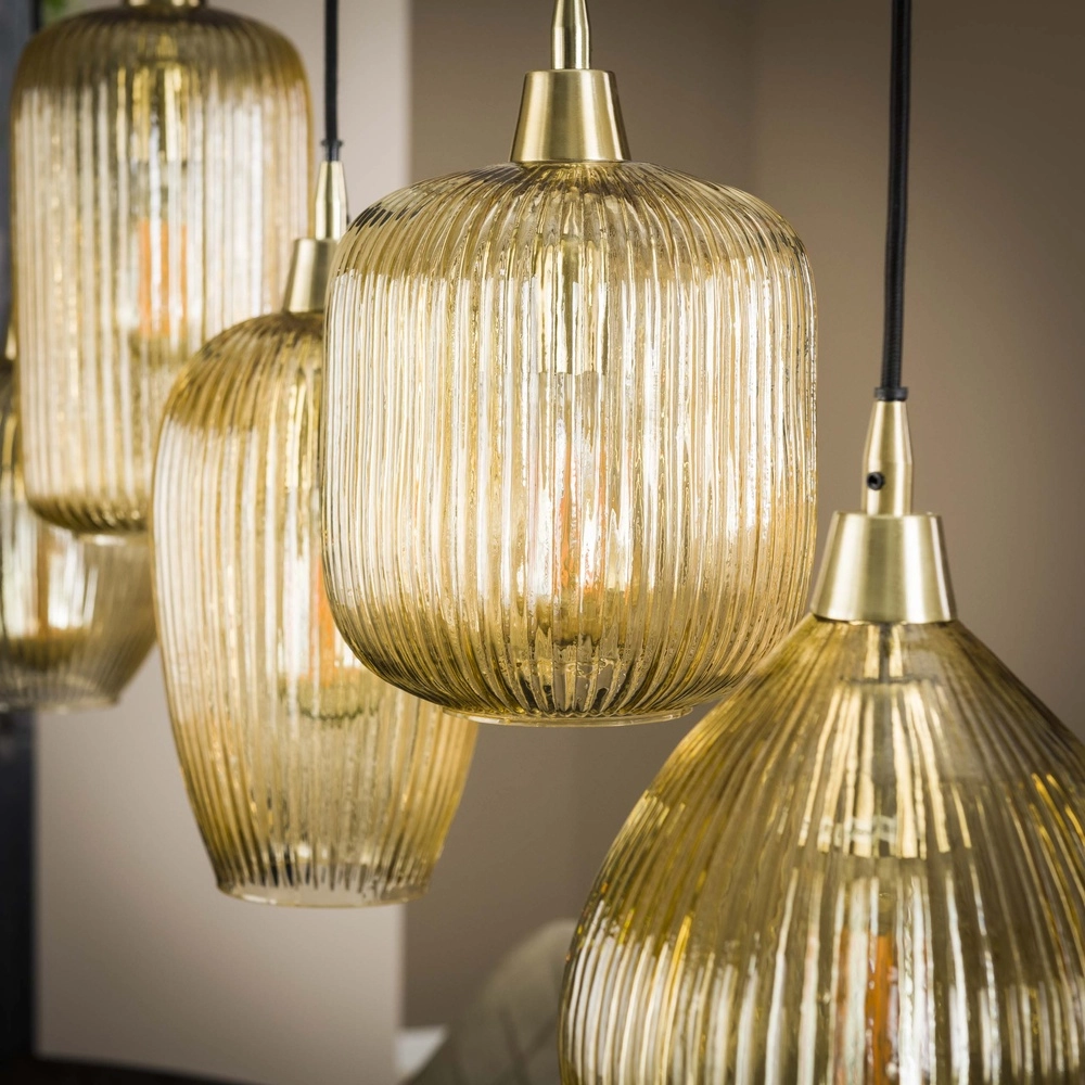 5-licht glazen hanglamp Stripe met amber glas Lyora 8716803511170