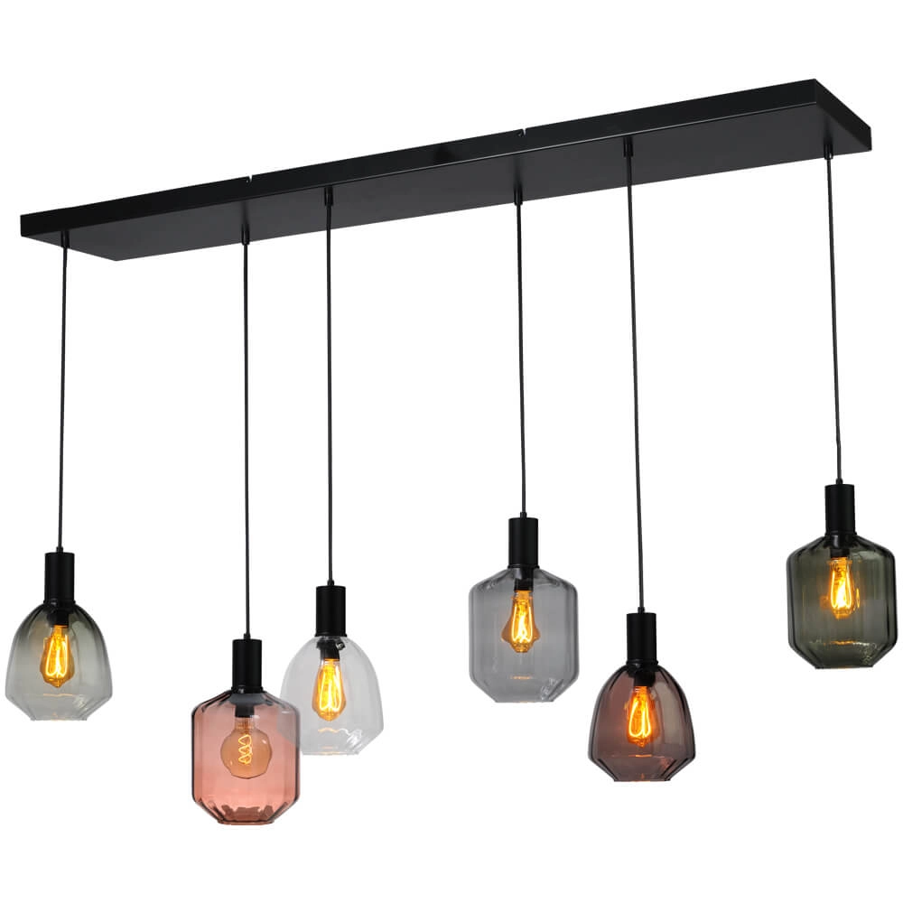6-lichts hanglamp - zwart - Porto met verschillende glazen
