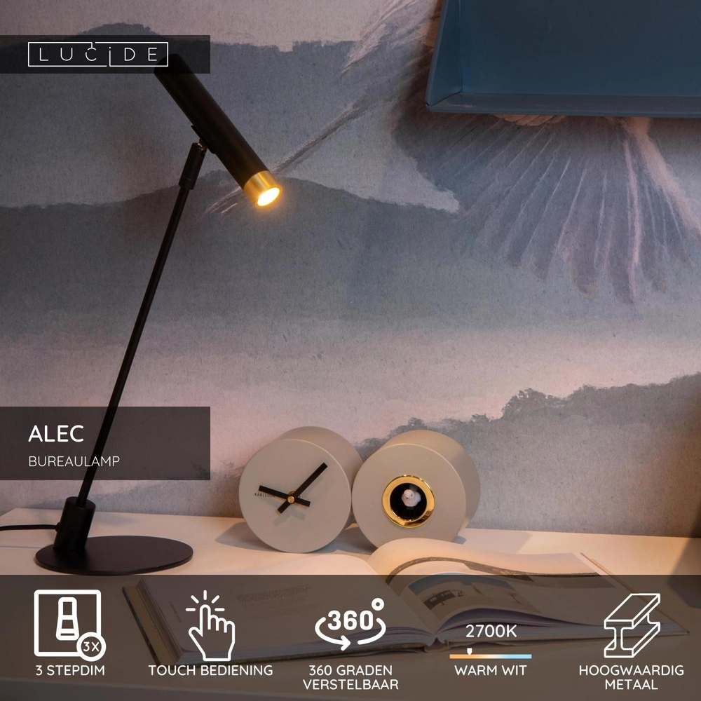 Bureaulamp Alec design zwart Lucide 5411212031969