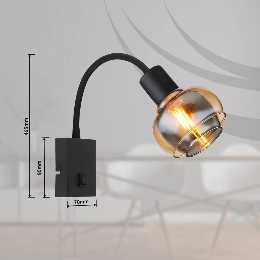 Zwarte wandlamp Tokki boog amber smoke glas Globo 9007371455034