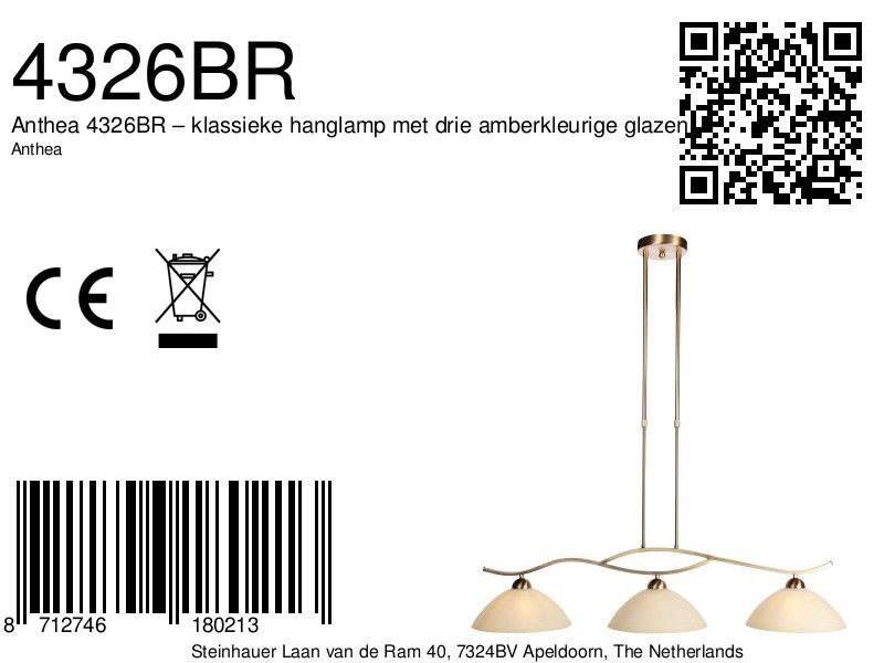 Klassieke hanglamp Anthea 3-lichts brons Steinhauer 8712746180213