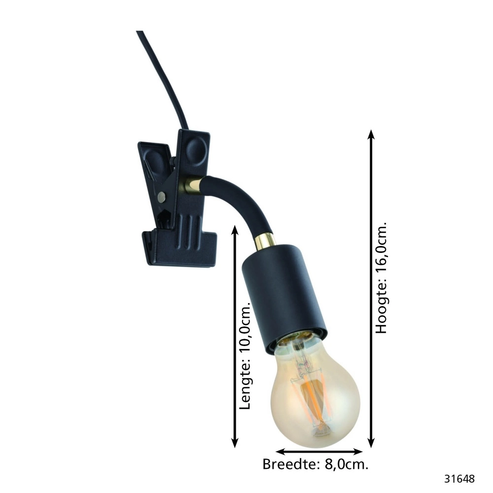 Klemspot Parrini schakelaar - zwart/messing - 1x E27 Eglo 9002759316488