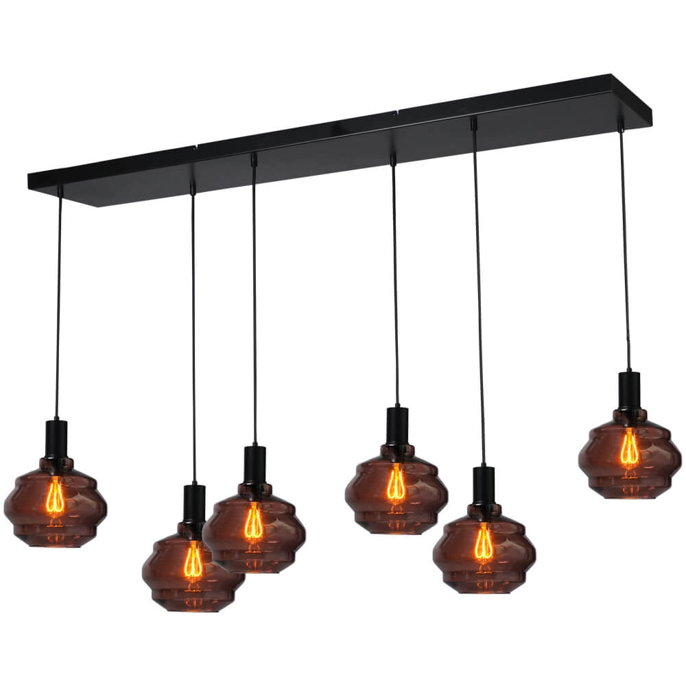 6-lichts hanglamp - zwart - Porto met Ball red glazen