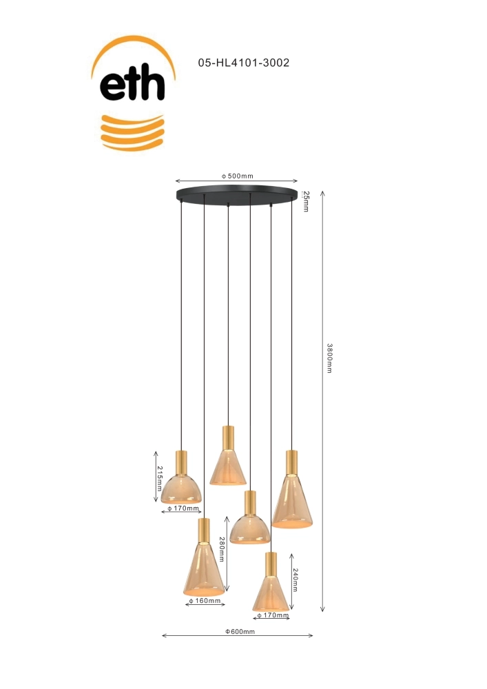 6-lichts vide lamp Lisa goud met amber glas ETH 8720195310204