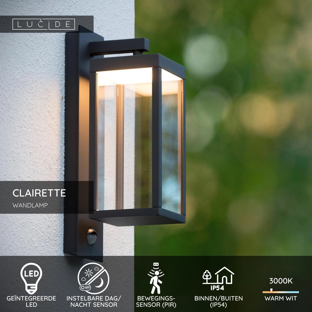 Desing wandlamp Clairette antraciet met bewegingssensor Lucide 5411212281104