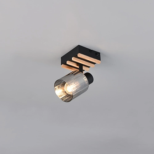 Wandlamp Travia zwart met hout Trio 4017807682588