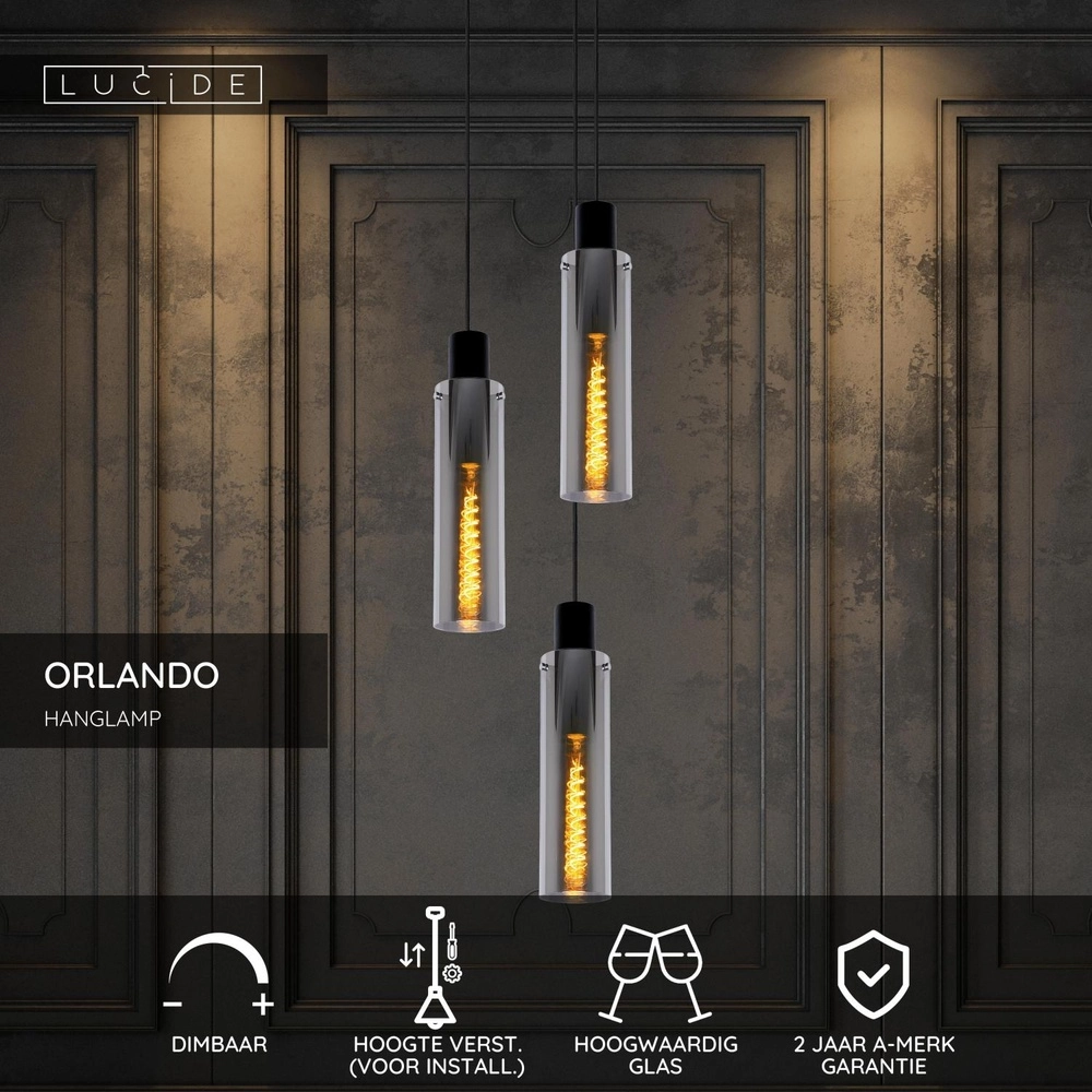 3-lichts hanglamp Orlando smoke glas Lucide 5411212740731
