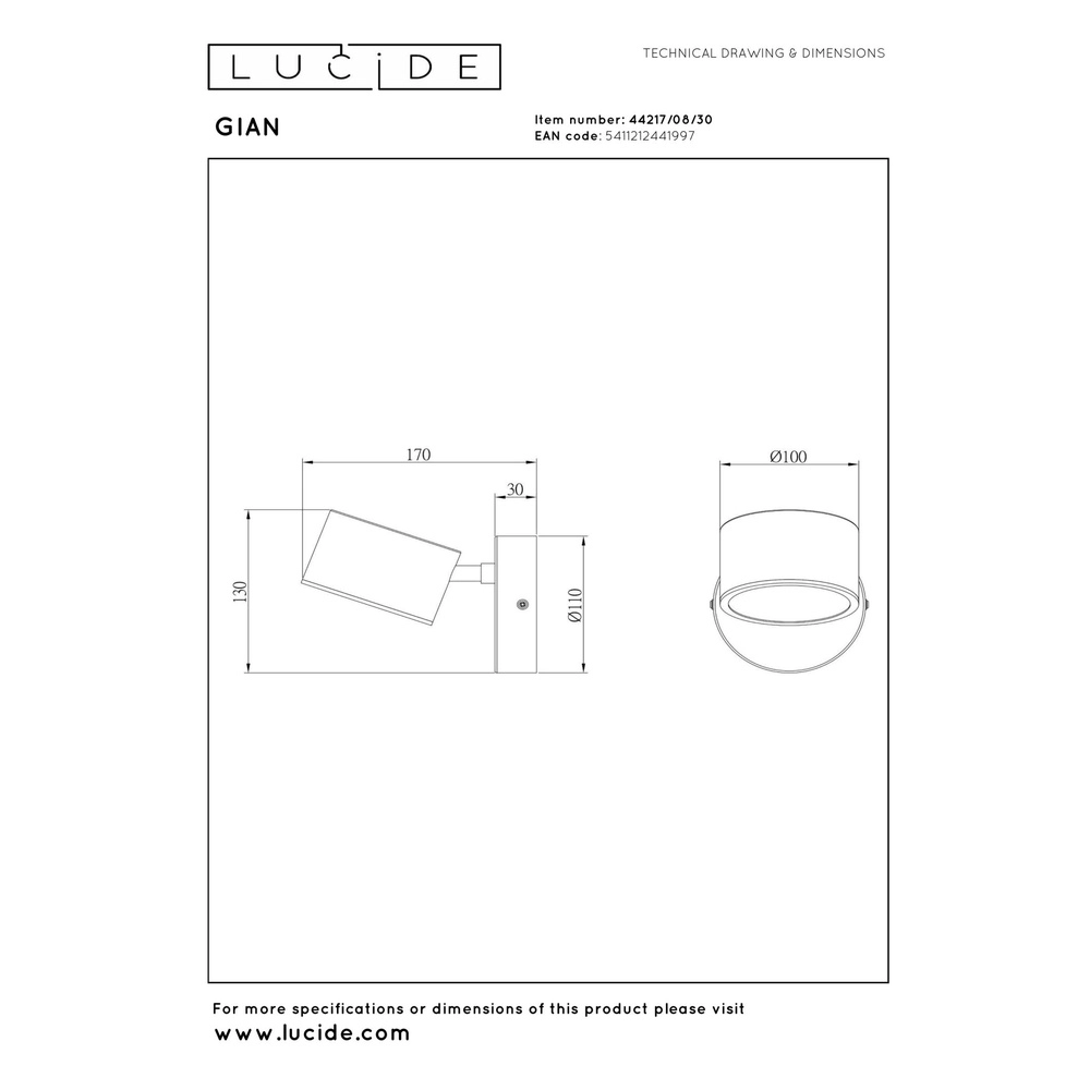 Wandlamp Gian zwart Lucide 5411212441997