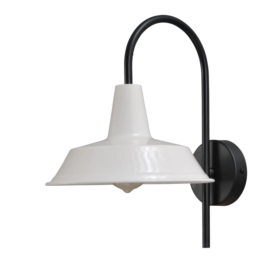 Retro witte muurlamp Industria 32cm zwart met witte kap Retro witte muurlamp Industria 32cm zwart met witte kap