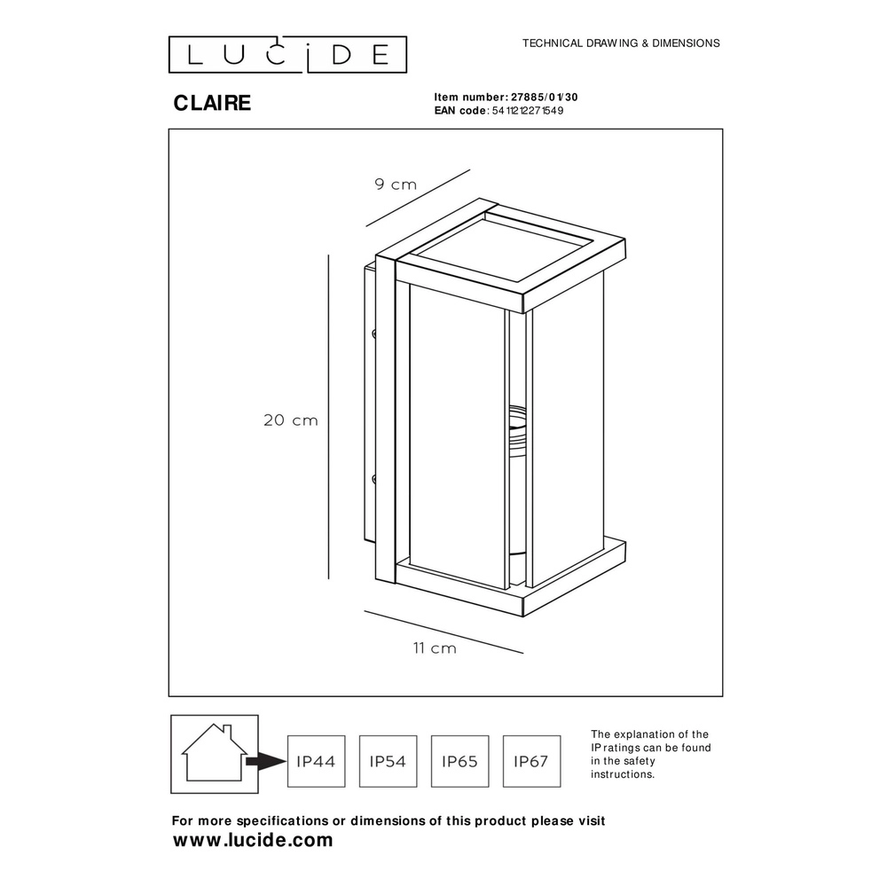 Strakke wandlamp Claire antraciet Lucide 5411212271549