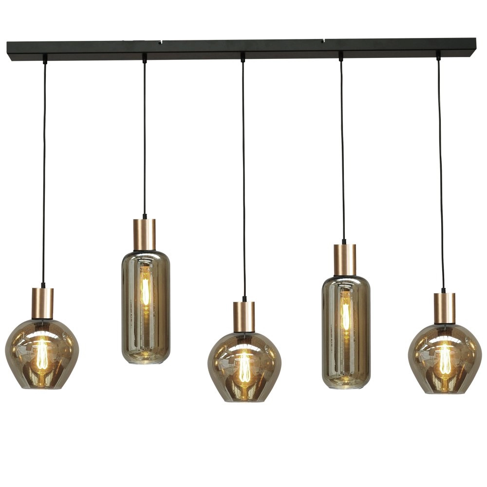 Hanglamp zwart met goud Bounty 5-lichts curiosa glas