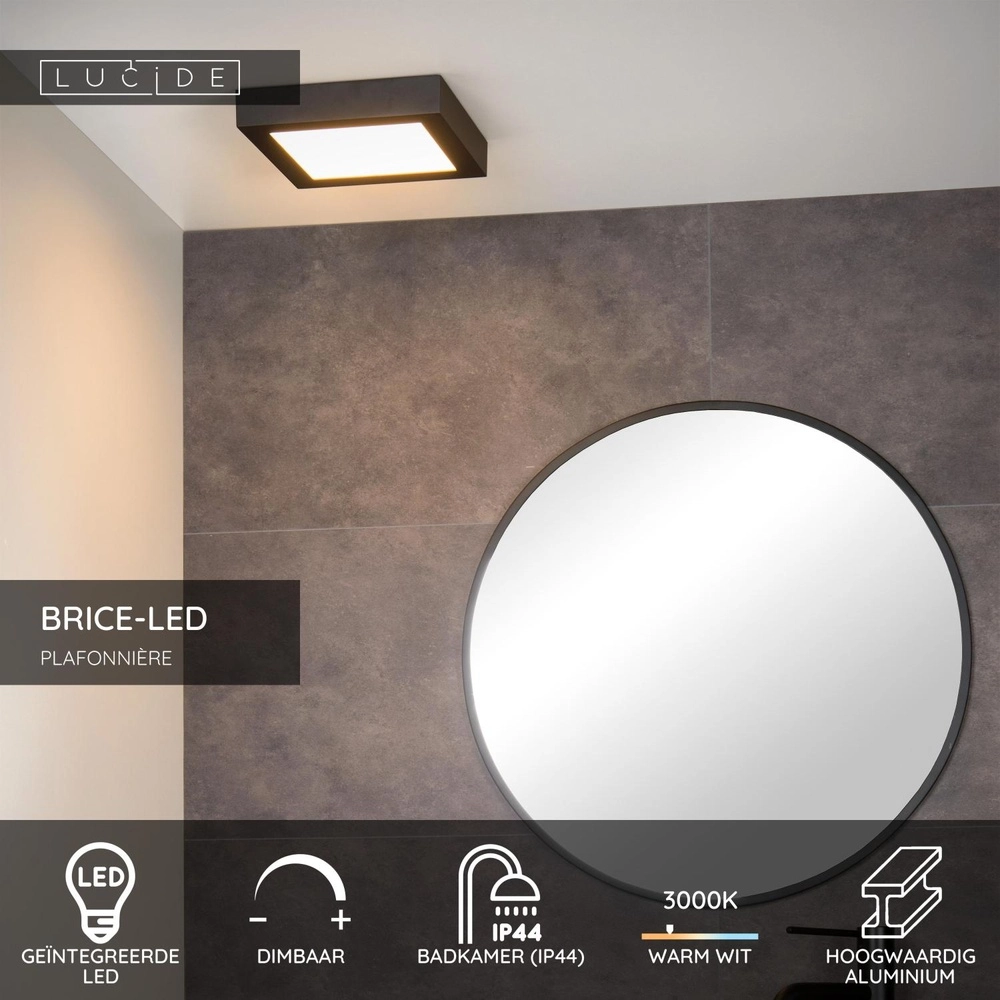 Plafonniere Brice-Led 22cm vierkant IP44 zwart Lucide 5411212281265