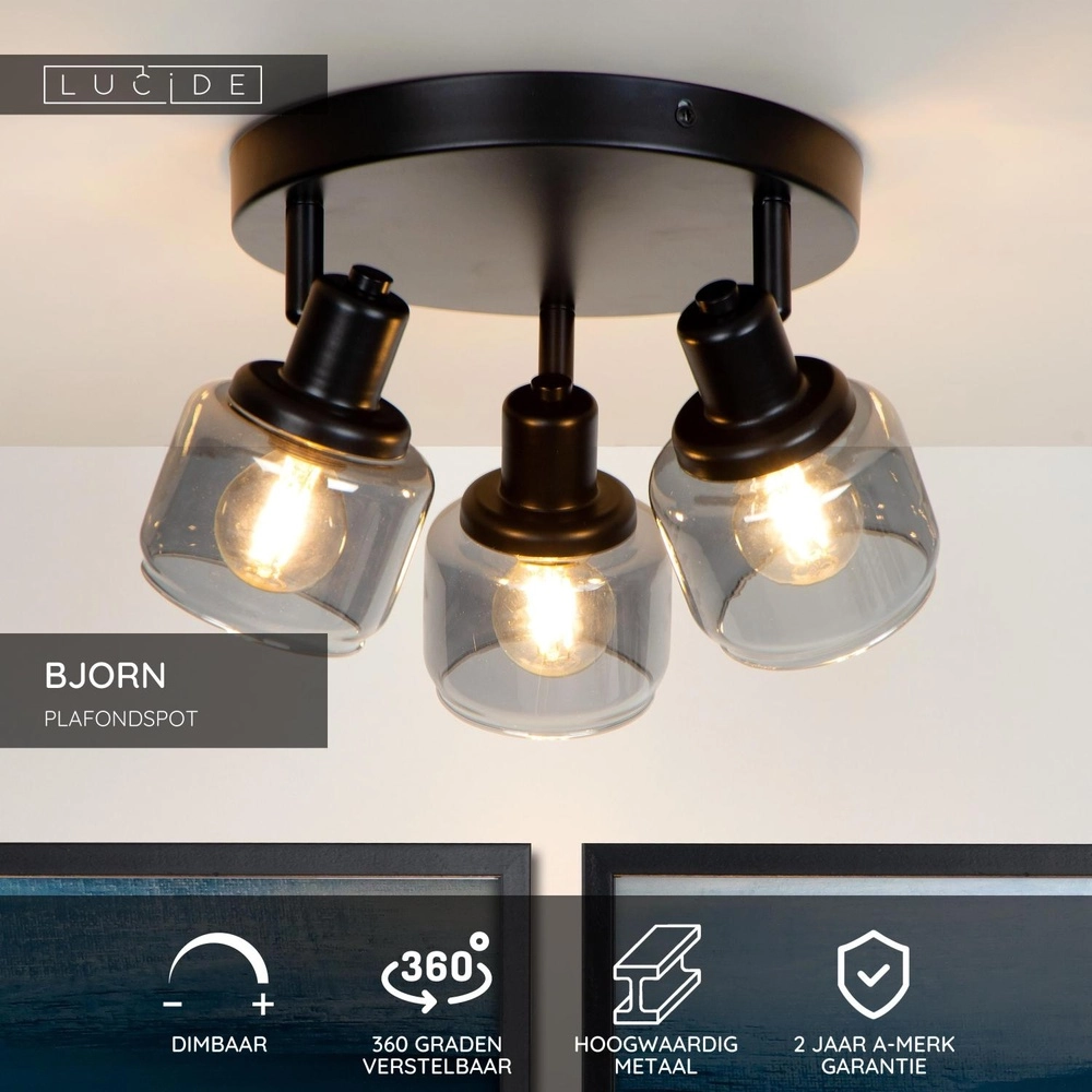 Plafondlamp Bjorn 3-lichts zwart Lucide 5411212771278
