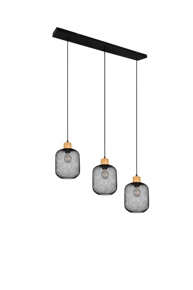 Landelijke hanglamp Calimero 3-lichts zwart met hout Trio 4017807489507