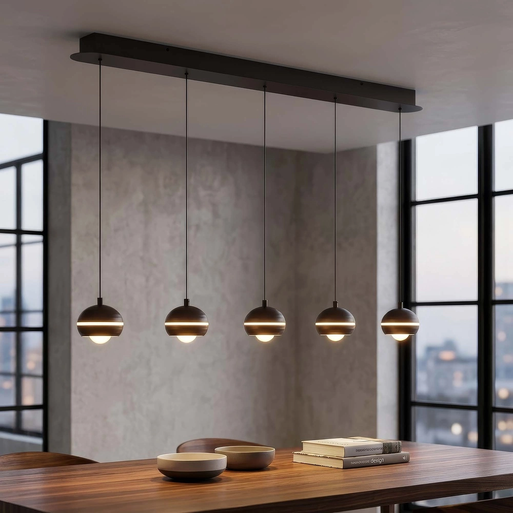 Design hanglamp Meteor 5-lichts recht zwart nikkel Searchlight 5,05342E+12