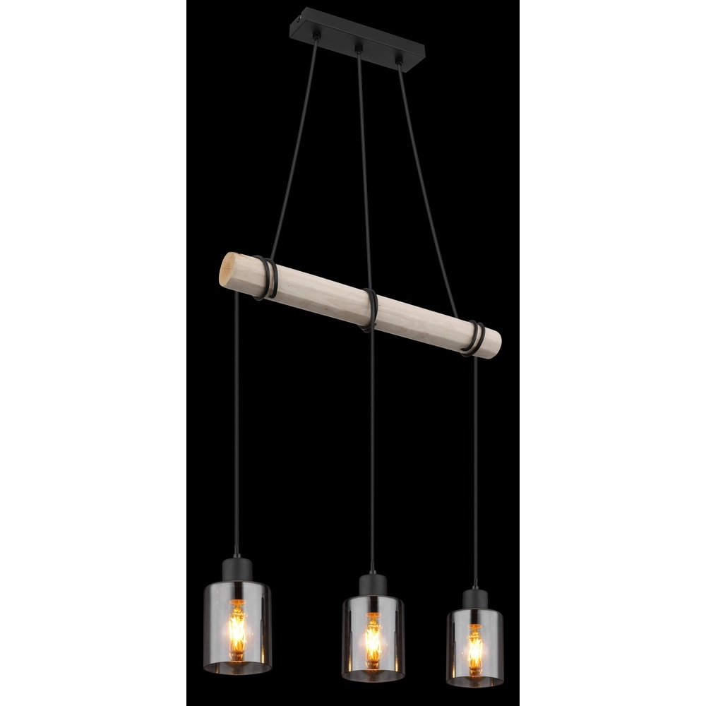 3-lichts hanglamp Hadera zwart met smoke glas Globo 9007371438419