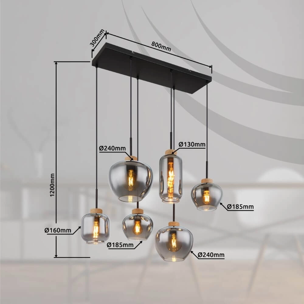 6-lichts hanglamp Matt zwart met hout Globo 9007371441518
