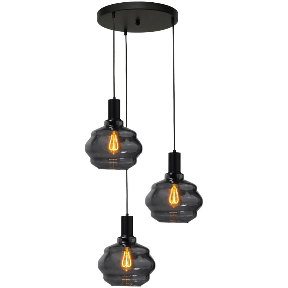 3-lichts vide hanglamp - zwart - Porto met Ball smoke glazen - Ø 24cm 3-lichts vide hanglamp - zwart - Porto met Ball smoke glazen - Ø 24cm