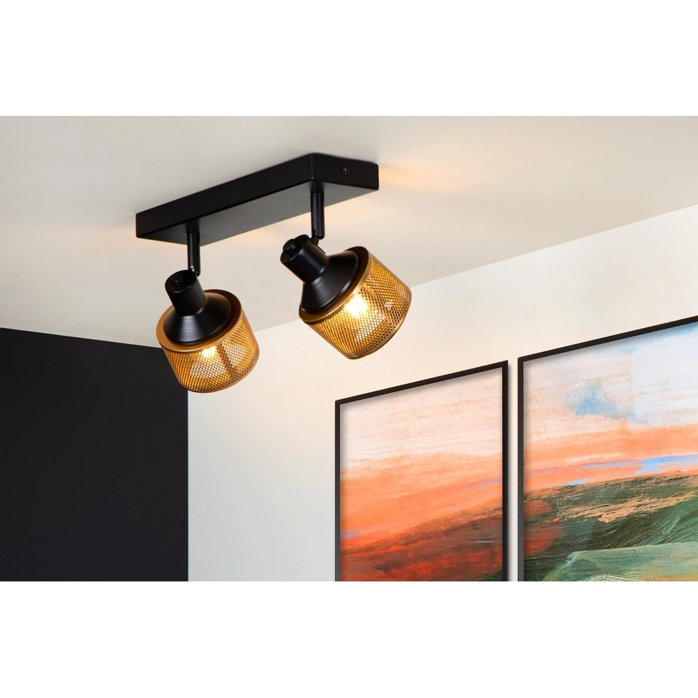 Plafondlamp Rafa 2-lichts zwart met koper Lucide 5411212771292