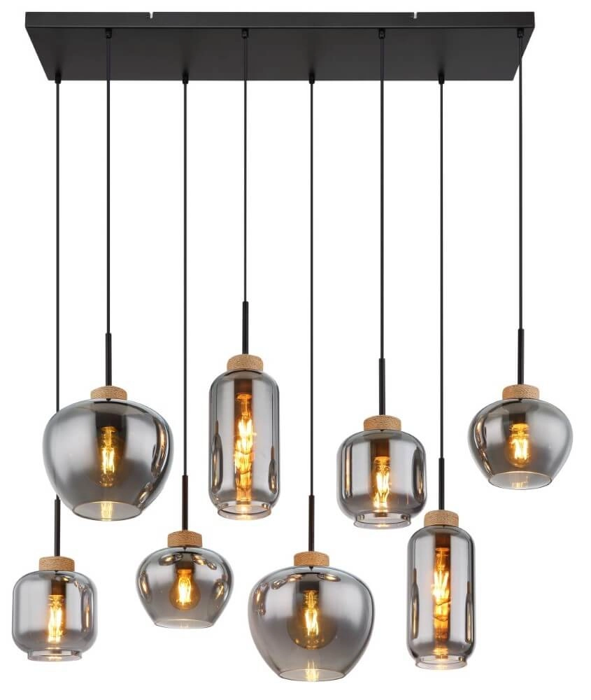 8-lichts hanglamp Matt zwart met hout Globo 9007371444519