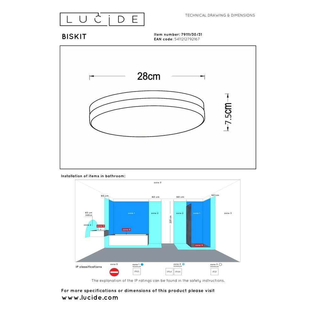 Plafonniere Biskit Ø 28cm - IP44 wit Lucide 5411212792167