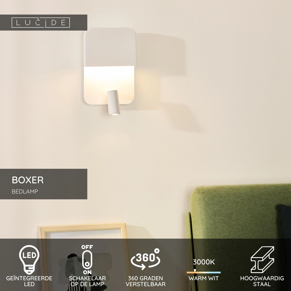 Bedlampje Boxer wit met USB oplaadpunt Lucide 5411212791542