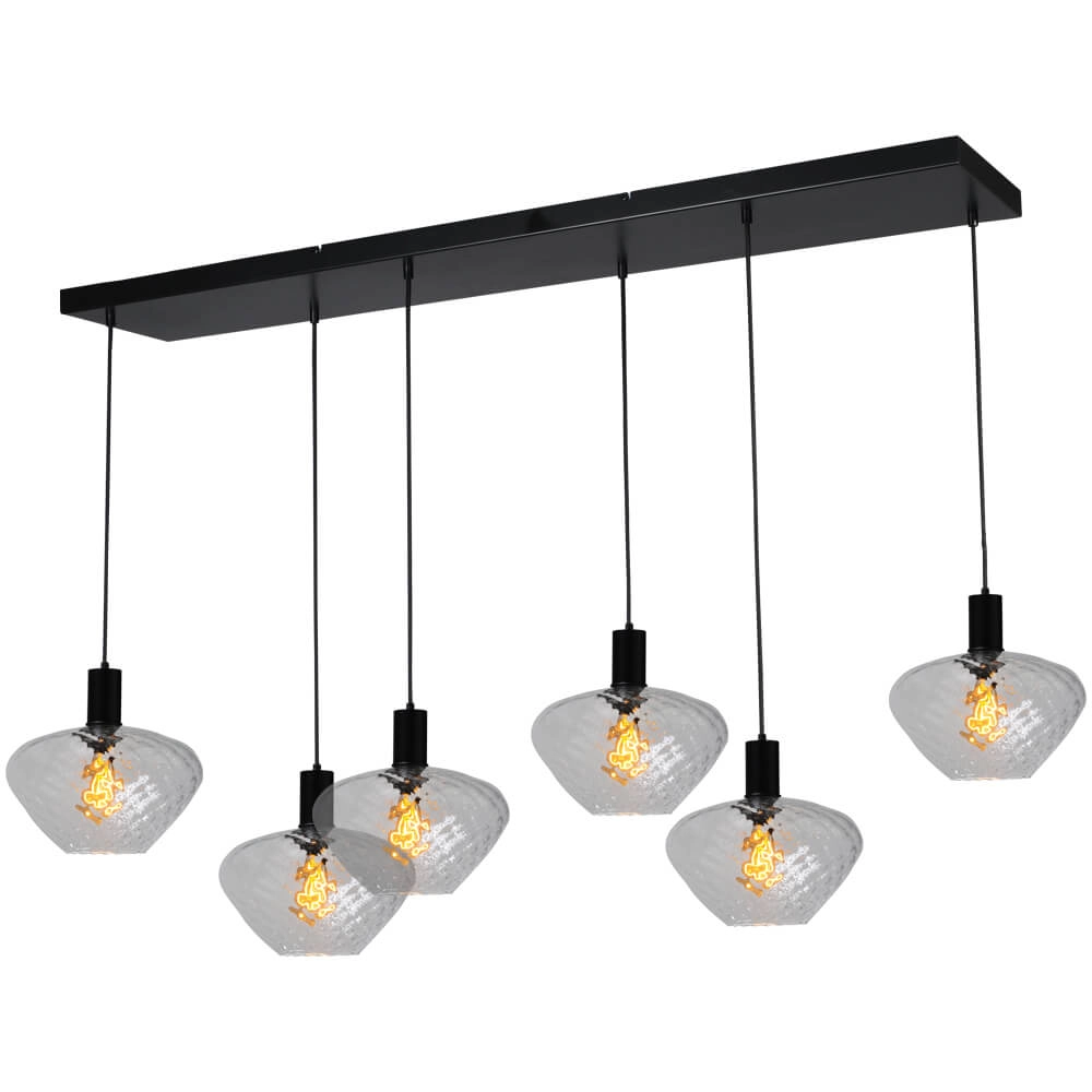 6-lichts hanglamp - zwart - Porto met Blossom clear glazen 6-lichts hanglamp - zwart - Porto met Blossom clear glazen