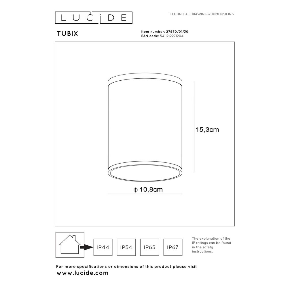 Plafondspot Tubix IP54 zwart Lucide 5411212271204