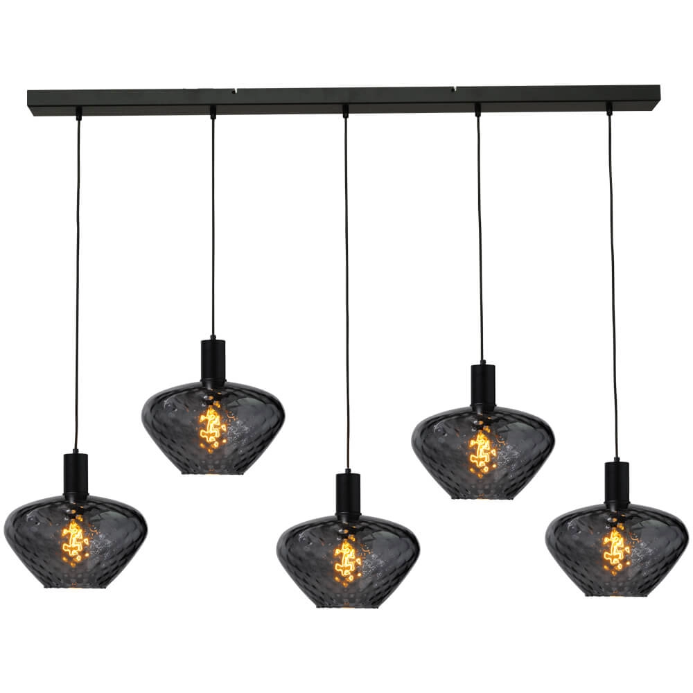 5-lichts hanglamp - zwart - Porto met Blossom smoke glazen 5-lichts hanglamp - zwart - Porto met Blossom smoke glazen
