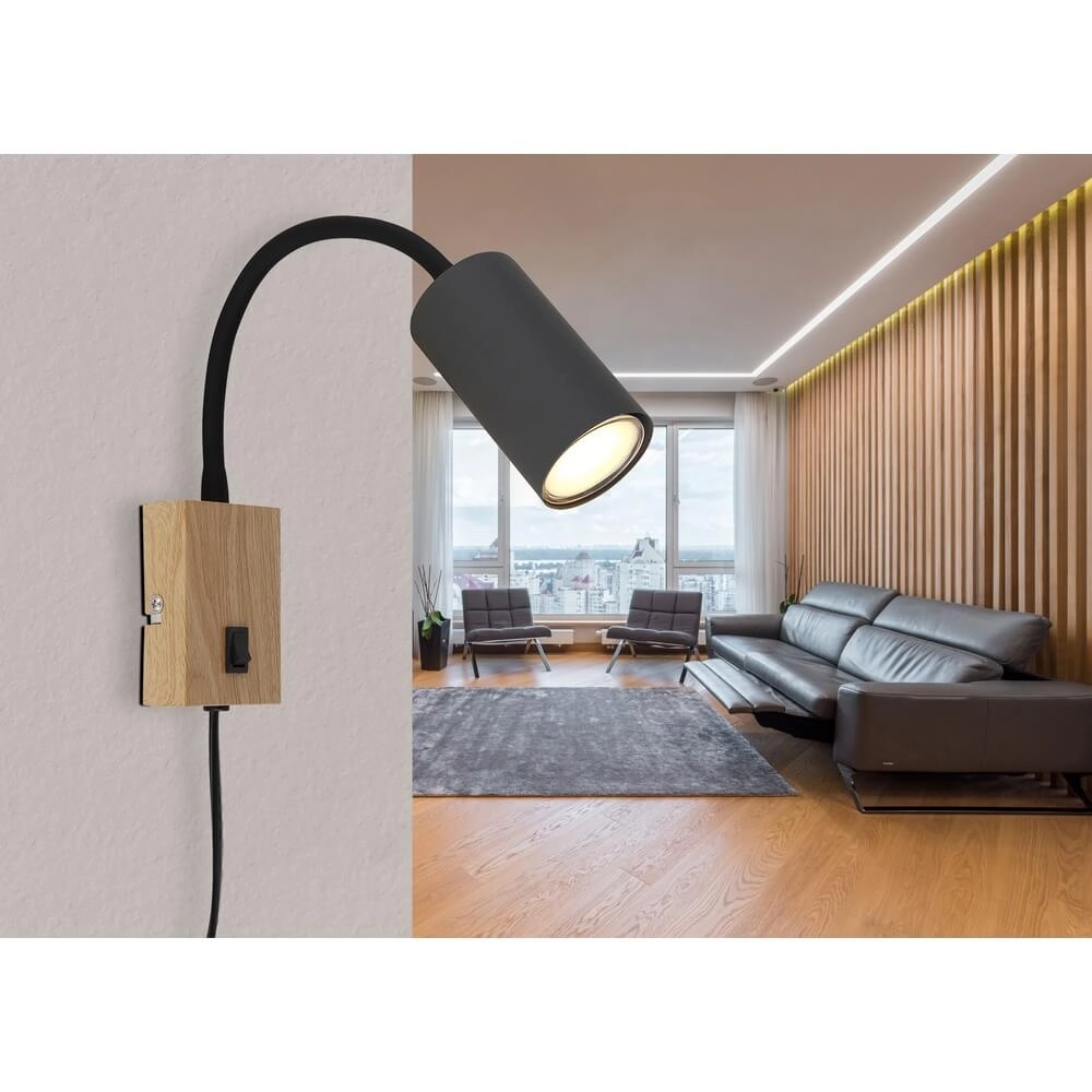 Zwarte wandlamp Robby met hout Globo 9007371430574