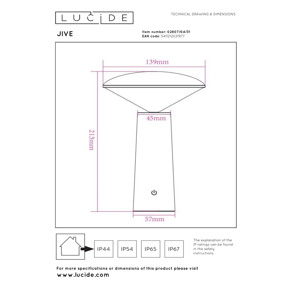 Oplaadbare tafellamp Jive IP44 wit lichtkleur instelbaar Lucide 5411212021977