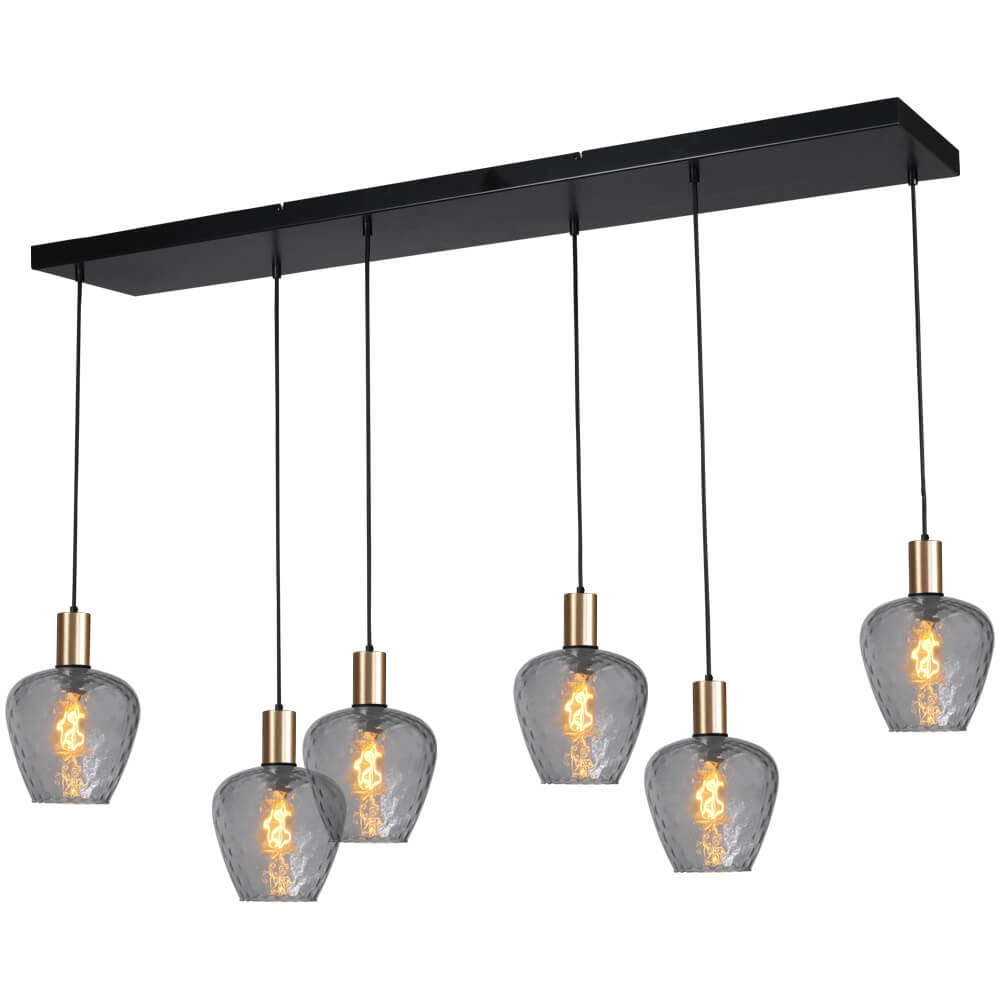 6-lichts hanglamp - goud - Porto met Diamond smoke glazen 6-lichts hanglamp - goud - Porto met Diamond smoke glazen