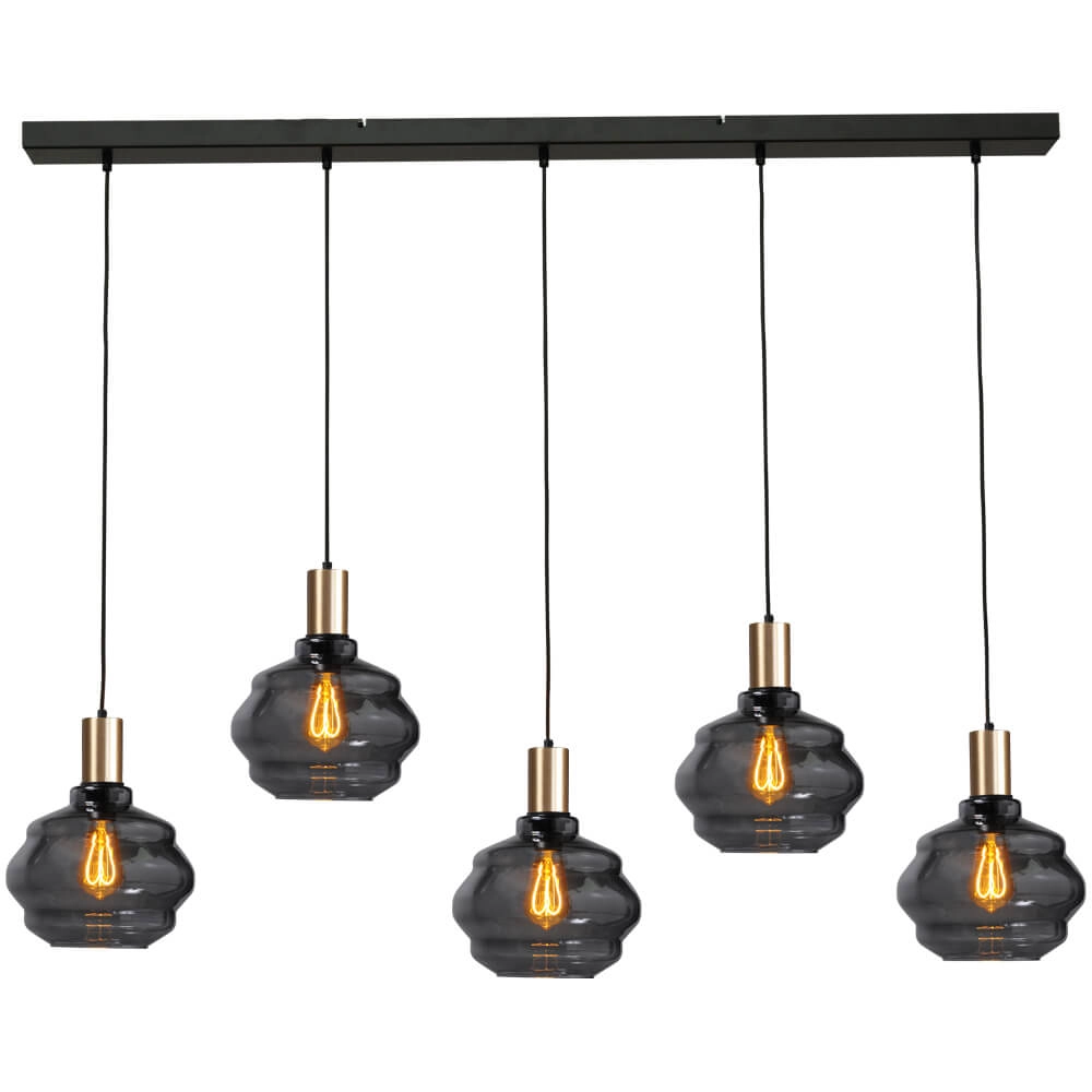 5-lichts hanglamp - goud - Porto met Ball smoke glazen - Ø 24cm 5-lichts hanglamp - goud - Porto met Ball smoke glazen - Ø 24cm